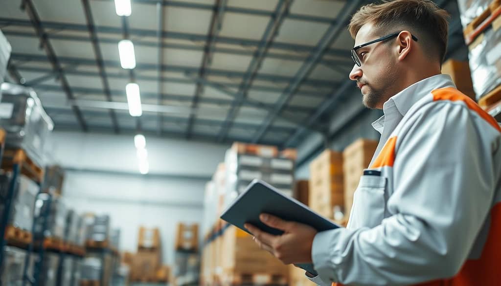 A high-angle shot of a professional pest control technician inspecting a warehouse storage area. Fluorescent overhead lighting illuminates the scene, casting sharp shadows. In the foreground, the technician examines a bait station, clipboard in hand, focusing intently on the task. The middle ground reveals neatly stacked pallets and shelves, hinting at the importance of meticulous pest management in maintaining inventory. The background fades into a softly blurred view of the warehouse interior, suggesting the comprehensive scope of reliable pest control services.
