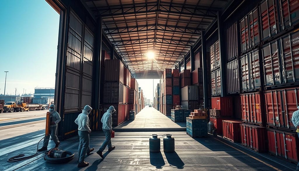 A large industrial warehouse filled with rows of stacked cargo containers and pallets. The foreground depicts workers in protective gear carefully sealing the warehouse entrance as the process of fumigation begins. Gas canisters and specialized equipment are visible, indicating a thorough and controlled fumigation procedure. The mid-ground shows the interior of the warehouse, with sunlight filtering through the windows, casting long shadows across the stored goods. The background features the exterior of the warehouse, with a clear sky and surrounding industrial landscape. The overall atmosphere conveys a sense of methodical preparation and the importance of efficient pest control measures in a commercial storage setting.