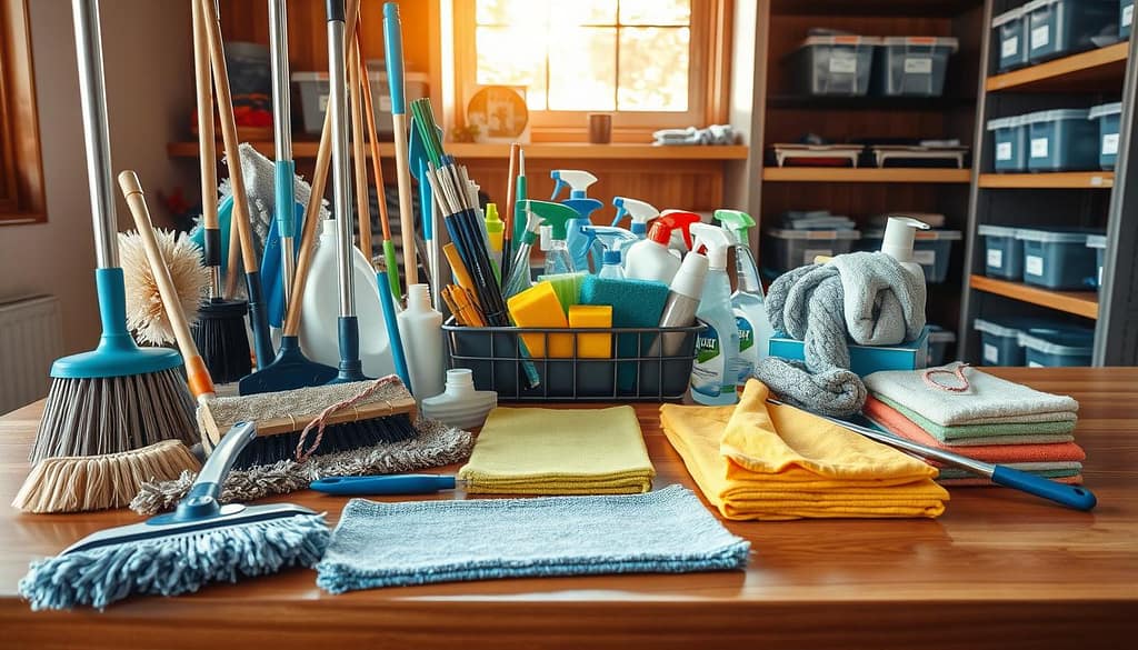 A neatly arranged collection of cleaning tools and supplies meticulously organized on a wooden surface, illuminated by warm, natural sunlight filtering through a window. In the foreground, an assortment of scrub brushes, mops, and various cleaning cloths, their textures and colors standing out against the smooth, polished surface. In the middle ground, a caddy containing spray bottles, sponges, and other essential cleaning items, strategically placed for easy access. In the background, shelves lined with labeled bins and containers, hinting at a well-structured storage system. The overall scene conveys a sense of order, efficiency, and a commitment to maintaining a clean and organized storage area.