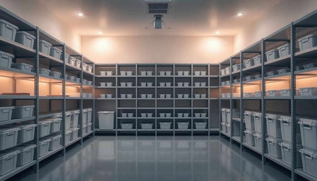 A well-organized storage room with clean, orderly shelves and bins. Soft, diffused lighting illuminates the space, casting a warm, inviting glow. Neatly labeled containers line the shelves, conveying a sense of efficiency and attention to detail. The room's floor is free of clutter, with a sleek, polished surface reflecting the overhead lighting. The walls are painted in a calming, neutral tone, creating a serene and professional atmosphere. The overall scene exudes an air of cleanliness, organization, and thoughtful maintenance, perfectly reflecting the "Checklist Kebersihan Area Penyimpanan" section of the article.
