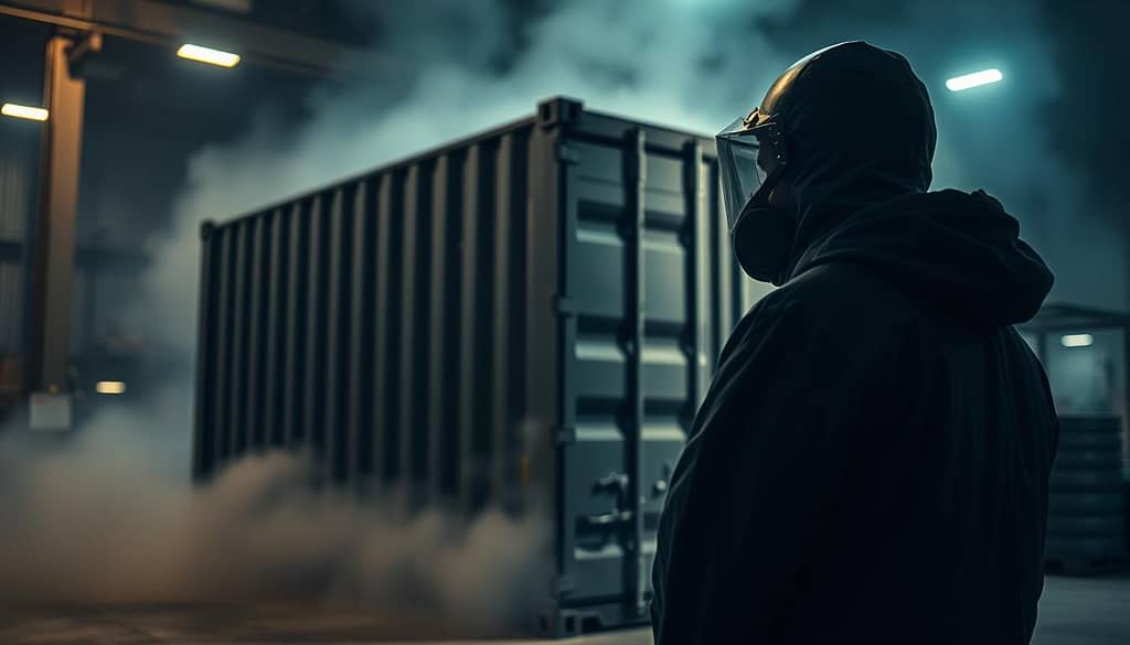A dimly lit industrial warehouse, the focus on a large steel shipping container. The container is being fumigated, a hazy mist of pesticide swirling around its edges. In the foreground, a worker in a protective suit carefully monitors the process, ensuring the fumigation is carried out safely and effectively. The background is blurred, emphasizing the importance of the container and the task at hand. Diffused lighting casts dramatic shadows, creating a sense of seriousness and attention to detail. The overall scene conveys the importance of proper fumigation methods in securing export logistics against pest infestations.