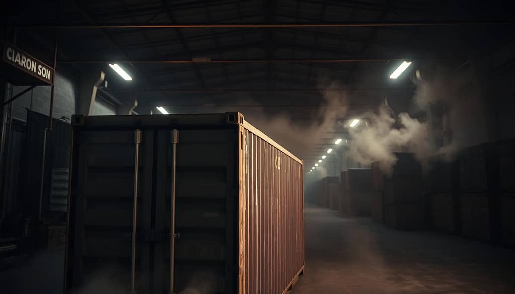 A dimly lit warehouse interior, focus drawn to a large metal shipping container in the foreground. The container's surface is scarred and weathered, hinting at the harsh conditions it has endured. Haze of fumigation gas envelops the scene, creating an ominous, industrial atmosphere. Overhead, harsh fluorescent lights cast dramatic shadows, emphasizing the container's imposing form. In the background, rows of identical containers recede into the distance, reinforcing the scale and importance of this logistical process. The image conveys the critical role of fumigation in safeguarding exported goods from pests and infestations, a vital yet unseen aspect of the global supply chain.