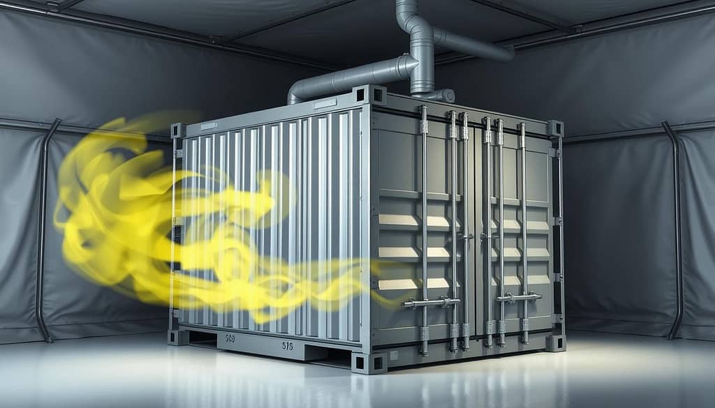 A well-lit, high-resolution rendering of a large metal shipping container undergoing fumigation. The container is placed in a specialized tent or enclosure, with visible piping and tubing connecting to the container. Wisps of yellowish-green gas swirl around the exterior, indicating the active fumigation process. The scene is set against a clean, industrial background, with a sense of precision and attention to detail. The overall mood is one of technical efficiency and environmental safety, conveying the seriousness and importance of the fumigation procedure for export shipments.