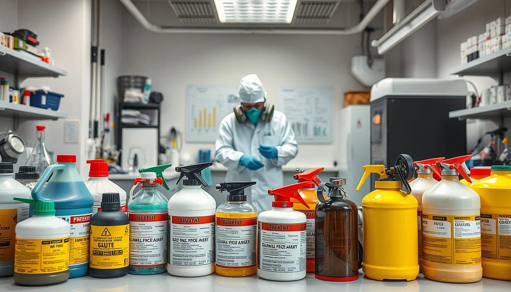 A well-lit laboratory setting with a central focus on a collection of chemical containers, canisters, and equipment used in the fumigation process. The foreground showcases various fumigants, their labels, and safety gear like gas masks, protective suits, and gloves. The middle ground depicts a technician carefully handling the fumigants, emphasizing the importance of proper handling and safety protocols. In the background, scientific instruments, charts, and a clean, organized workspace convey the professional and meticulous nature of the fumigation process. The overall atmosphere is one of precision, control, and a commitment to safety in the preparation for export.