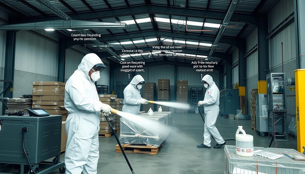 Proses fumigasi profesional yang dilakukan oleh tim Ahli Fumigasi dengan peralatan lengkap