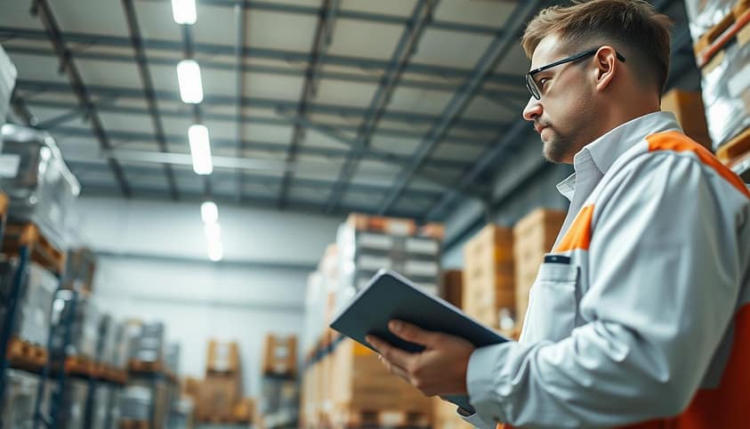A high-angle shot of a professional pest control technician inspecting a warehouse storage area. Fluorescent overhead lighting illuminates the scene, casting sharp shadows. In the foreground, the technician examines a bait station, clipboard in hand, focusing intently on the task. The middle ground reveals neatly stacked pallets and shelves, hinting at the importance of meticulous pest management in maintaining inventory. The background fades into a softly blurred view of the warehouse interior, suggesting the comprehensive scope of reliable pest control services. A high-angle shot of a professional pest control technician inspecting a warehouse storage area. Fluorescent overhead lighting illuminates the scene, casting sharp shadows. In the foreground, the technician examines a bait station, clipboard in hand, focusing intently on the task. The middle ground reveals neatly stacked pallets and shelves, hinting at the importance of meticulous pest management in maintaining inventory. The background fades into a softly blurred view of the warehouse interior, suggesting the comprehensive scope of reliable pest control services.