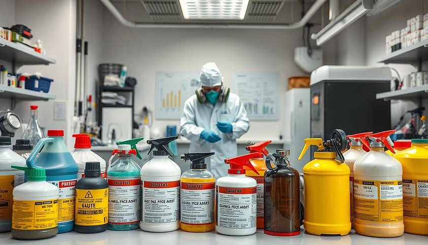 A well-lit laboratory setting with a central focus on a collection of chemical containers, canisters, and equipment used in the fumigation process. The foreground showcases various fumigants, their labels, and safety gear like gas masks, protective suits, and gloves. The middle ground depicts a technician carefully handling the fumigants, emphasizing the importance of proper handling and safety protocols. In the background, scientific instruments, charts, and a clean, organized workspace convey the professional and meticulous nature of the fumigation process. The overall atmosphere is one of precision, control, and a commitment to safety in the preparation for export. A well-lit laboratory setting with a central focus on a collection of chemical containers, canisters, and equipment used in the fumigation process. The foreground showcases various fumigants, their labels, and safety gear like gas masks, protective suits, and gloves. The middle ground depicts a technician carefully handling the fumigants, emphasizing the importance of proper handling and safety protocols. In the background, scientific instruments, charts, and a clean, organized workspace convey the professional and meticulous nature of the fumigation process. The overall atmosphere is one of precision, control, and a commitment to safety in the preparation for export.
