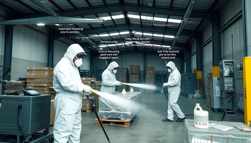 Proses fumigasi profesional yang dilakukan oleh tim Ahli Fumigasi dengan peralatan lengkap Proses fumigasi profesional yang dilakukan oleh tim Ahli Fumigasi dengan peralatan lengkap