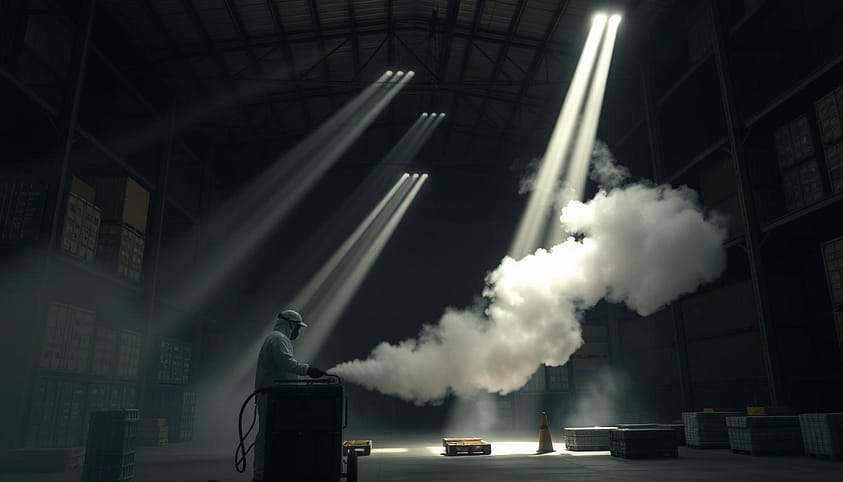 A large warehouse interior with stacks of cargo containers, dim lighting casting long shadows. In the foreground, a worker in a protective hazmat suit operates a heavy-duty fumigation machine, a plume of white gas billowing out. Hazy beams of light pierce through the mist, creating an ominous, industrial atmosphere. The walls are lined with metal shelving, and the floor is cluttered with pallets and crates. The scene conveys the importance of thorough fumigation for food storage and transportation facilities, ensuring the safety and preservation of goods. A large warehouse interior with stacks of cargo containers, dim lighting casting long shadows. In the foreground, a worker in a protective hazmat suit operates a heavy-duty fumigation machine, a plume of white gas billowing out. Hazy beams of light pierce through the mist, creating an ominous, industrial atmosphere. The walls are lined with metal shelving, and the floor is cluttered with pallets and crates. The scene conveys the importance of thorough fumigation for food storage and transportation facilities, ensuring the safety and preservation of goods.