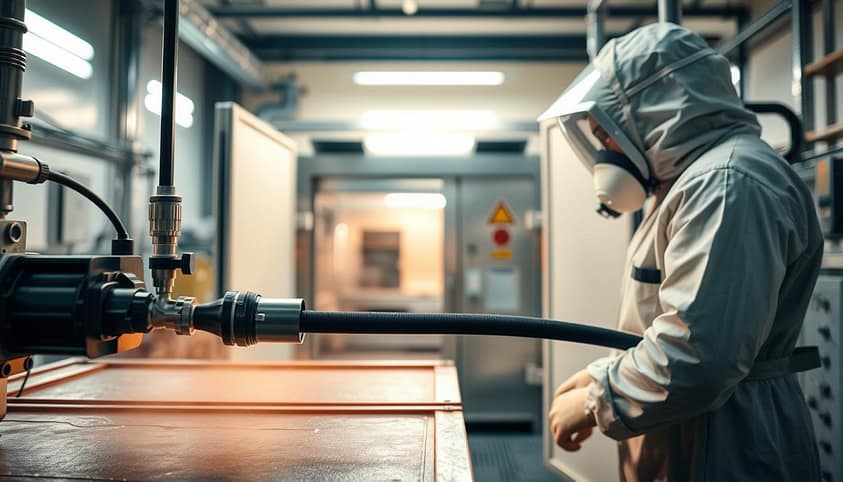 A meticulously detailed fumigation process unfolding in a professional setting. The foreground showcases the careful application of specialized fumigant gas, with a technician in protective gear handling the equipment with precision. The middle ground reveals the sealed chambers where the fumigation takes place, ensuring a controlled and effective treatment. In the background, a clean, well-lit industrial environment conveys a sense of safety and expertise. The scene is illuminated by warm, natural lighting, capturing the importance of this crucial export preparation step with a calm, reassuring atmosphere. A meticulously detailed fumigation process unfolding in a professional setting. The foreground showcases the careful application of specialized fumigant gas, with a technician in protective gear handling the equipment with precision. The middle ground reveals the sealed chambers where the fumigation takes place, ensuring a controlled and effective treatment. In the background, a clean, well-lit industrial environment conveys a sense of safety and expertise. The scene is illuminated by warm, natural lighting, capturing the importance of this crucial export preparation step with a calm, reassuring atmosphere.