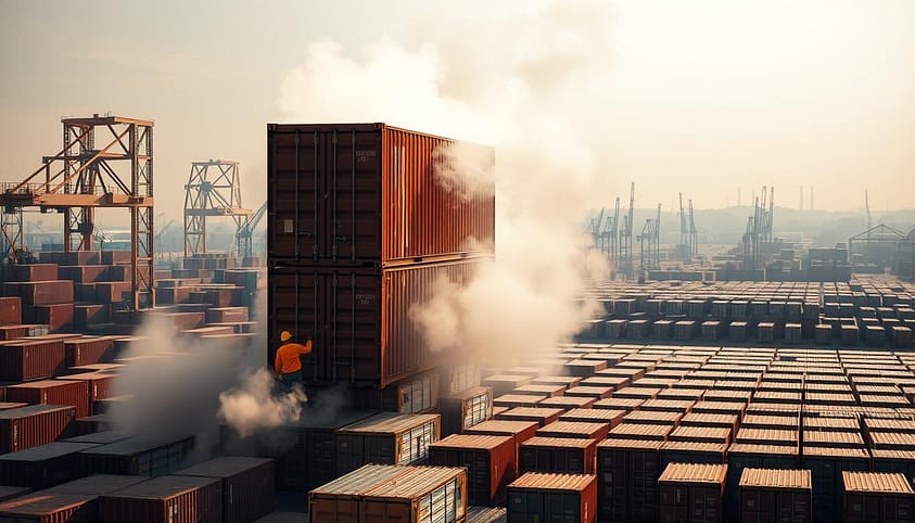 A vast, industrial container yard, bathed in a warm, golden glow from strategically placed spotlights. In the foreground, a team of workers in protective gear carefully fumigating a towering container, dense clouds of pesticide mist swirling around them. The middle ground showcases an array of identical containers, each meticulously stacked and organized, ready for global export. In the background, a hazy skyline of cranes and warehouses, underscoring the scale and importance of this critical supply chain process. The scene conveys a sense of efficiency, safety, and the essential role of fumigation in enabling secure, international trade. A vast, industrial container yard, bathed in a warm, golden glow from strategically placed spotlights. In the foreground, a team of workers in protective gear carefully fumigating a towering container, dense clouds of pesticide mist swirling around them. The middle ground showcases an array of identical containers, each meticulously stacked and organized, ready for global export. In the background, a hazy skyline of cranes and warehouses, underscoring the scale and importance of this critical supply chain process. The scene conveys a sense of efficiency, safety, and the essential role of fumigation in enabling secure, international trade.