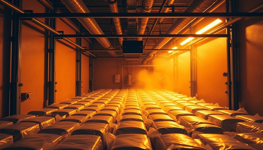 A wide industrial-style gas chamber, bathed in a warm amber glow, the metal framework and piping casting dramatic shadows. Inside, rows of plastic-wrapped food packages await fumigation, the gas delivery system poised to disperse the protective chemicals. The scene conveys a sense of order, efficiency, and safety - vital elements for the food industry to comply with health regulations and earn trusted certifications. Precise lighting accentuates the technical details, while a subtle haze evokes the functional purpose of the fumigation process. A wide industrial-style gas chamber, bathed in a warm amber glow, the metal framework and piping casting dramatic shadows. Inside, rows of plastic-wrapped food packages await fumigation, the gas delivery system poised to disperse the protective chemicals. The scene conveys a sense of order, efficiency, and safety - vital elements for the food industry to comply with health regulations and earn trusted certifications. Precise lighting accentuates the technical details, while a subtle haze evokes the functional purpose of the fumigation process.