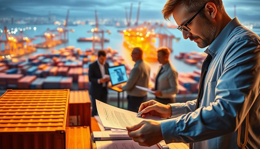 A detailed, technical image showcasing the benefits of export auditing. In the foreground, a businessperson inspects export documents and shipping containers, evaluating compliance. In the middle ground, a team analyzes trade data and logistics on multiple screens. In the background, an expanse of cargo ships and cranes at a bustling port, symbolizing the global reach of export operations. Bright, warm lighting illuminates the scene, conveying a sense of professionalism and productivity. The composition emphasizes the importance of rigorous auditing to maximize the value and minimize the risks of export activities. A detailed, technical image showcasing the benefits of export auditing. In the foreground, a businessperson inspects export documents and shipping containers, evaluating compliance. In the middle ground, a team analyzes trade data and logistics on multiple screens. In the background, an expanse of cargo ships and cranes at a bustling port, symbolizing the global reach of export operations. Bright, warm lighting illuminates the scene, conveying a sense of professionalism and productivity. The composition emphasizes the importance of rigorous auditing to maximize the value and minimize the risks of export activities.