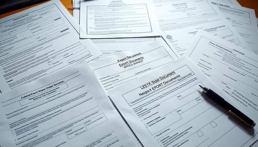 A meticulously organized workspace with an array of official export documents, including customs forms, shipping manifests, and international trade certificates. Soft, directional lighting illuminates the crisp, clean lines of the paperwork, conveying a sense of professionalism and attention to detail. The scene is captured from a slightly elevated, frontal angle, allowing the viewer to appreciate the intricacies of the documents and the overall process of export compliance. The atmosphere is one of order, precision, and the importance of thorough preparation for a successful export shipment. A meticulously organized workspace with an array of official export documents, including customs forms, shipping manifests, and international trade certificates. Soft, directional lighting illuminates the crisp, clean lines of the paperwork, conveying a sense of professionalism and attention to detail. The scene is captured from a slightly elevated, frontal angle, allowing the viewer to appreciate the intricacies of the documents and the overall process of export compliance. The atmosphere is one of order, precision, and the importance of thorough preparation for a successful export shipment.