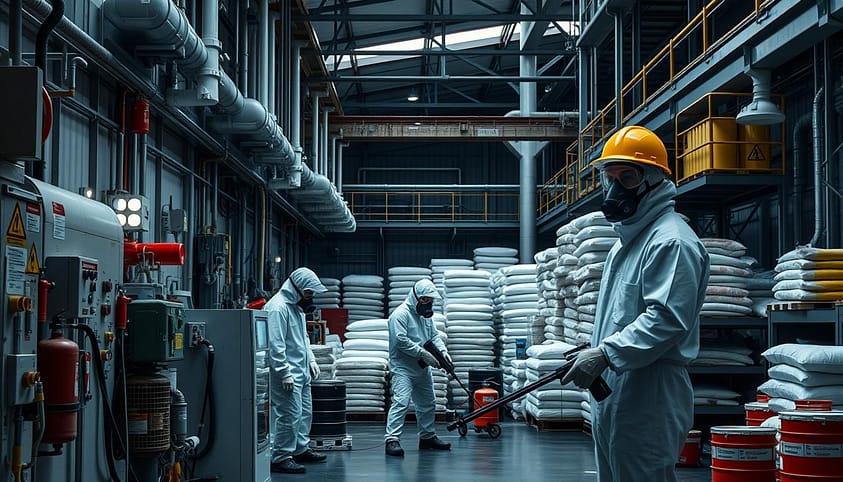 A modern industrial facility with workers in personal protective equipment (PPE) like hazmat suits, gas masks, and safety goggles. The foreground shows an array of monitoring and safety equipment, including emergency showers, fire extinguishers, and hazardous material signage. The middle ground depicts workers conducting fumigation procedures, using specialized spraying equipment. The background features stacks of raw materials and finished products, with a focus on safety protocols and regulatory compliance. Dimly lit with a somber, serious tone, conveying the importance of workplace safety and environmental protection. A modern industrial facility with workers in personal protective equipment (PPE) like hazmat suits, gas masks, and safety goggles. The foreground shows an array of monitoring and safety equipment, including emergency showers, fire extinguishers, and hazardous material signage. The middle ground depicts workers conducting fumigation procedures, using specialized spraying equipment. The background features stacks of raw materials and finished products, with a focus on safety protocols and regulatory compliance. Dimly lit with a somber, serious tone, conveying the importance of workplace safety and environmental protection.