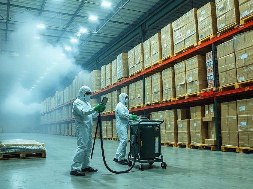 Fumigasi gudang komoditas dengan peralatan profesional Fumigasi gudang komoditas dengan peralatan profesional