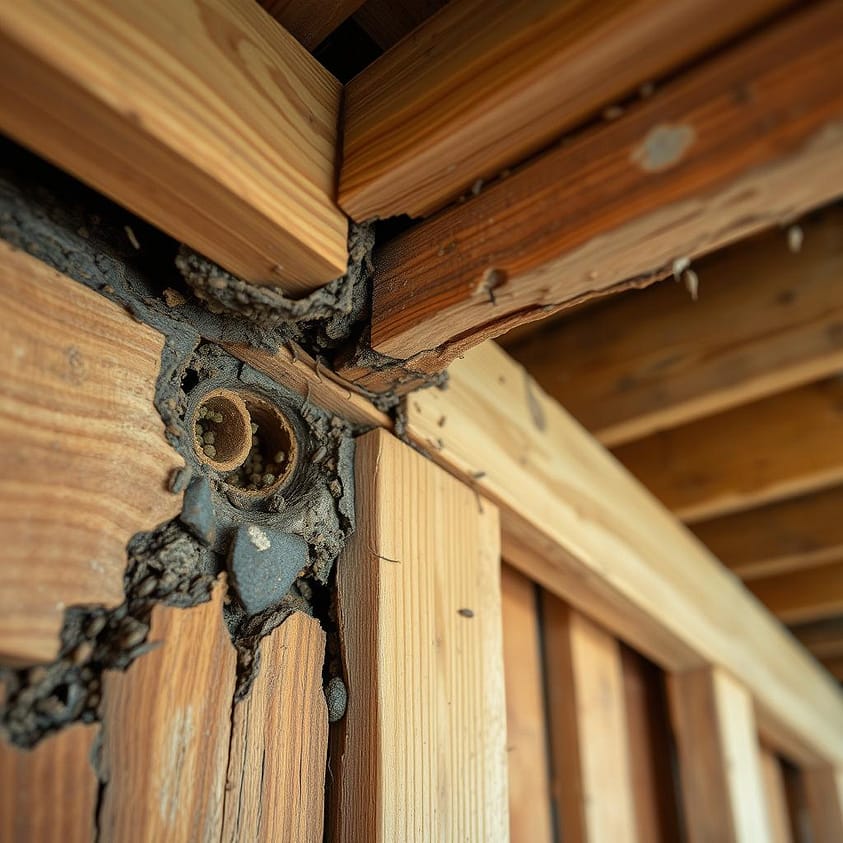 Kerusakan gudang akibat serangan rayap pada struktur kayu Kerusakan gudang akibat serangan rayap pada struktur kayu